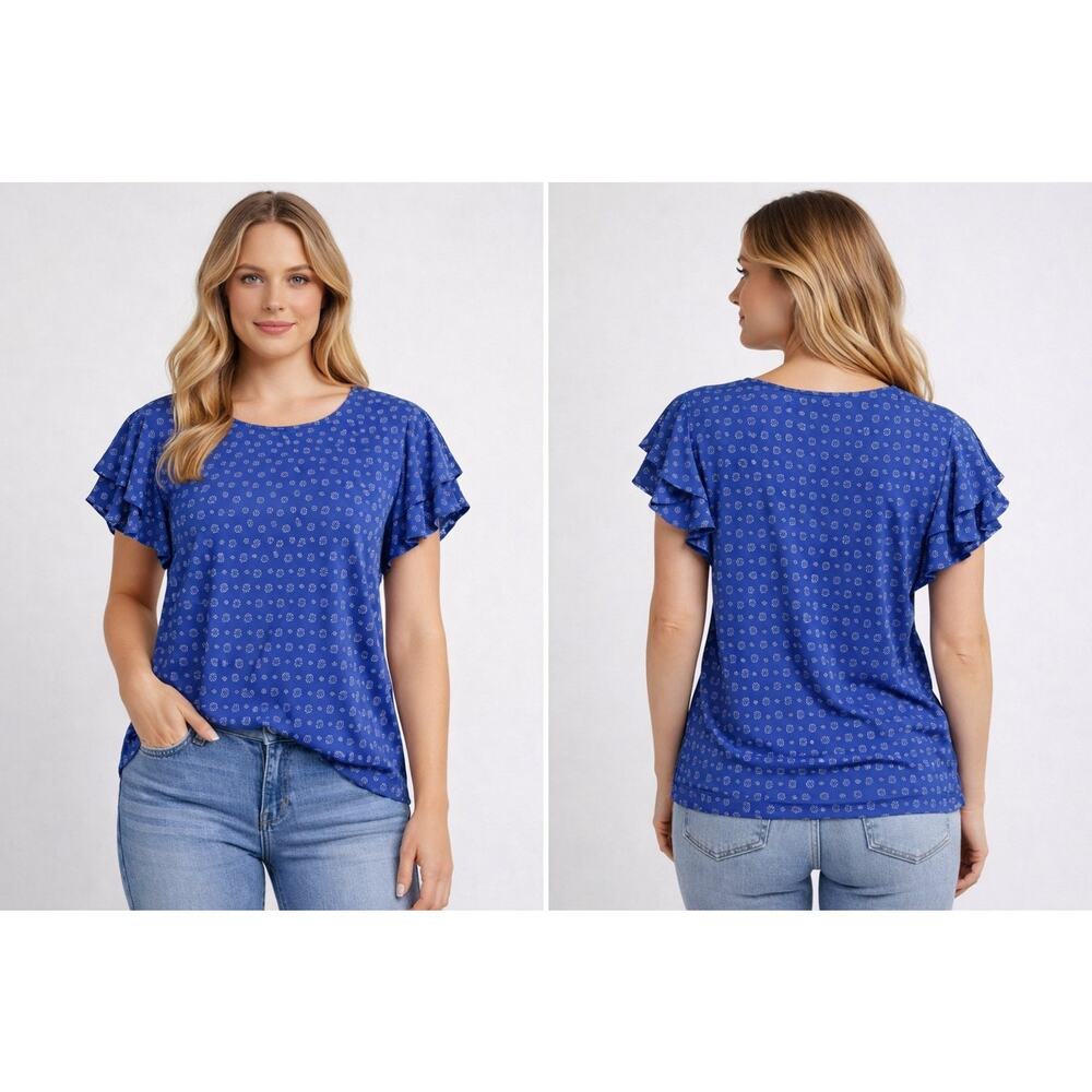 Women’s Blue Flutter Sleeve Blouse Speckled Print Casual Summer Top 3XL